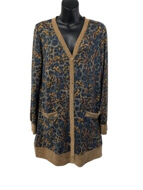 Grecerelle Women's Leopard Print Long Knit Cardigan Size M Button Front Pockets